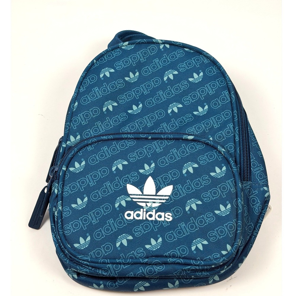 Adidas Originals Mini Backpack Blue Trefoil Allover Logo Print Small Bookbag Bag